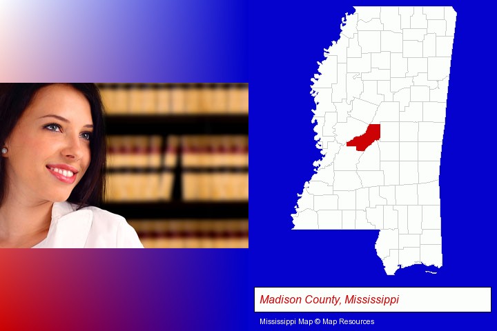 a young, female attorney in a law library; Madison County, Mississippi highlighted in red on a map