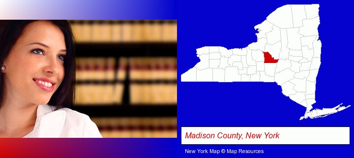 a young, female attorney in a law library; Madison County, New York highlighted in red on a map