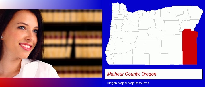 a young, female attorney in a law library; Malheur County, Oregon highlighted in red on a map