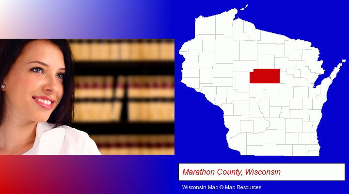 a young, female attorney in a law library; Marathon County, Wisconsin highlighted in red on a map