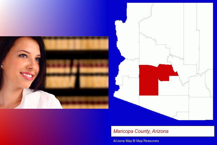 a young, female attorney in a law library; Maricopa County, Arizona highlighted in red on a map