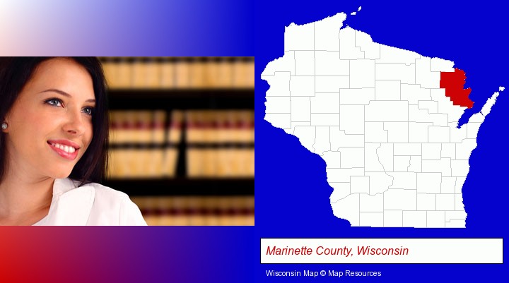 a young, female attorney in a law library; Marinette County, Wisconsin highlighted in red on a map