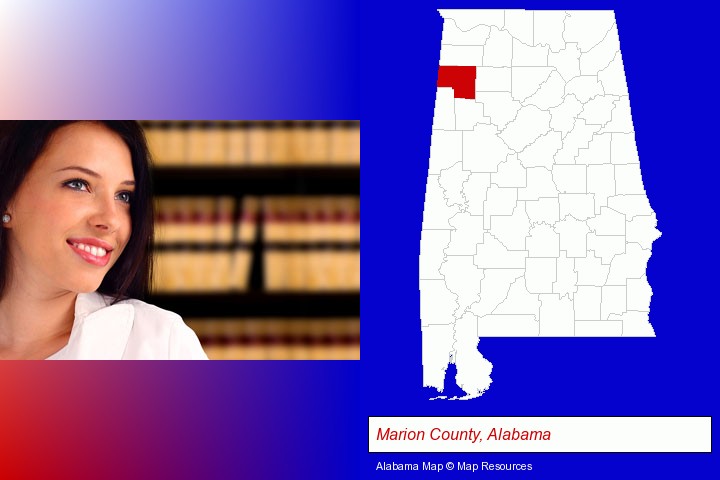 a young, female attorney in a law library; Marion County, Alabama highlighted in red on a map