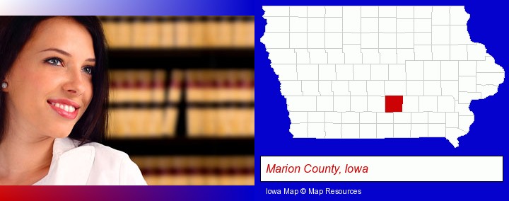 a young, female attorney in a law library; Marion County, Iowa highlighted in red on a map