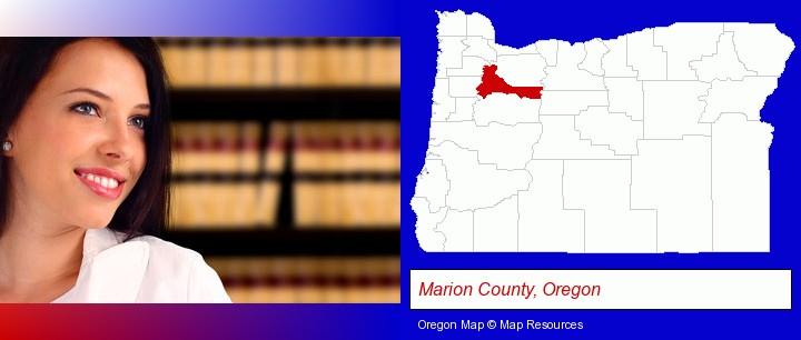 a young, female attorney in a law library; Marion County, Oregon highlighted in red on a map