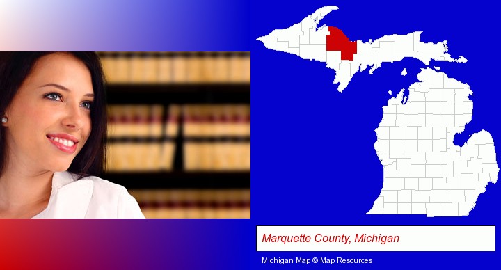 a young, female attorney in a law library; Marquette County, Michigan highlighted in red on a map