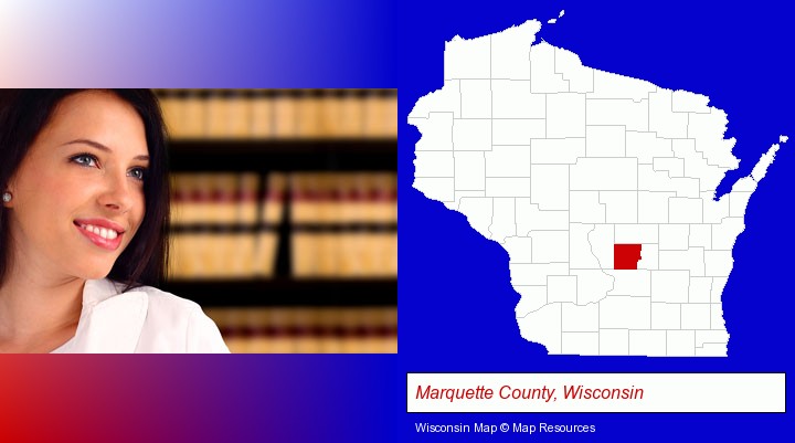 a young, female attorney in a law library; Marquette County, Wisconsin highlighted in red on a map