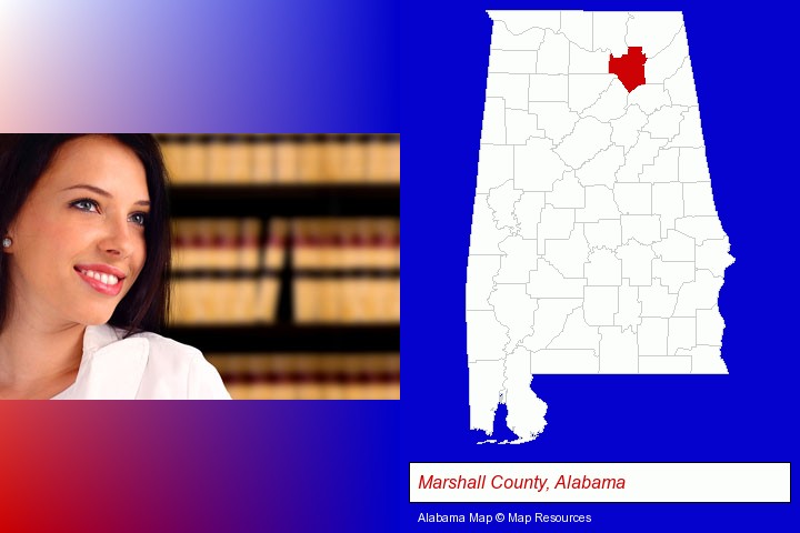 a young, female attorney in a law library; Marshall County, Alabama highlighted in red on a map