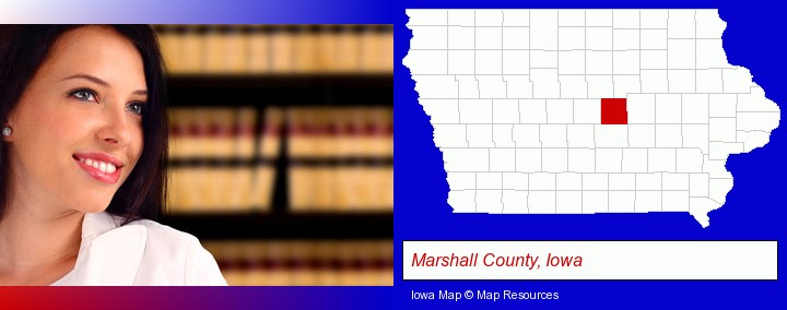 a young, female attorney in a law library; Marshall County, Iowa highlighted in red on a map