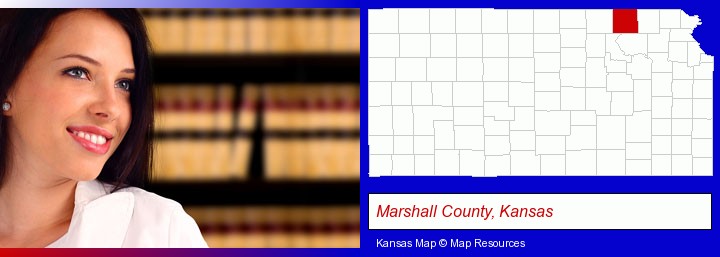a young, female attorney in a law library; Marshall County, Kansas highlighted in red on a map