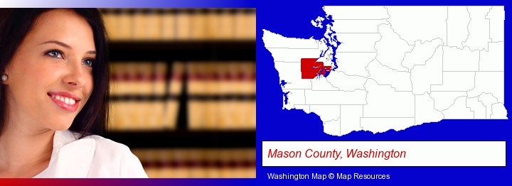 a young, female attorney in a law library; Mason County, Washington highlighted in red on a map