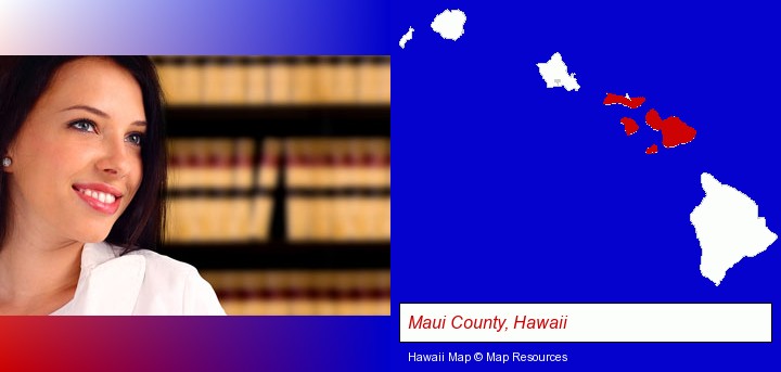 a young, female attorney in a law library; Maui County, Hawaii highlighted in red on a map