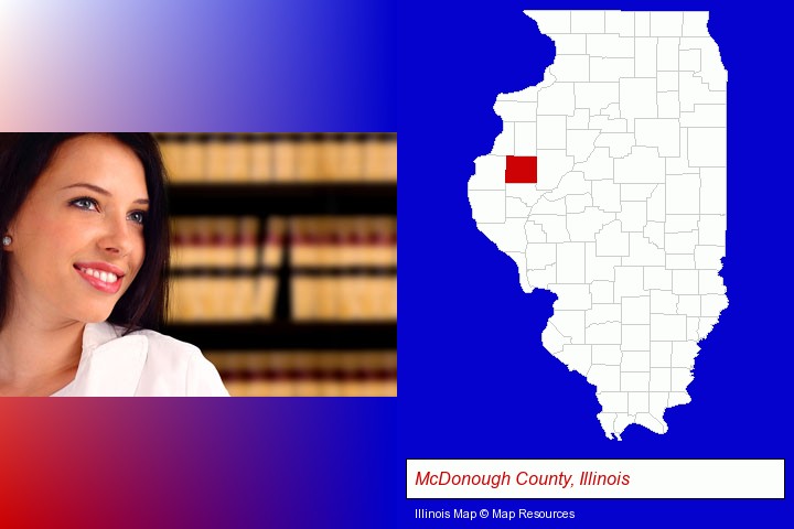 a young, female attorney in a law library; McDonough County, Illinois highlighted in red on a map