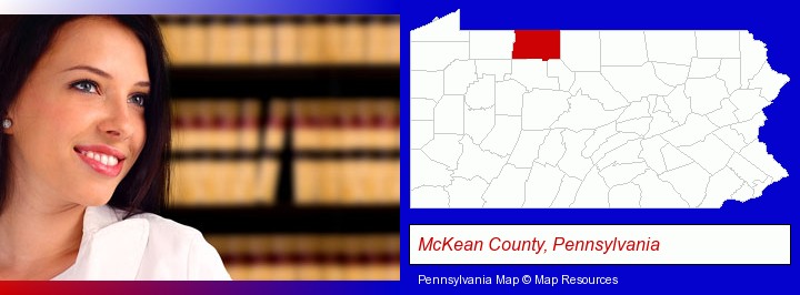 a young, female attorney in a law library; McKean County, Pennsylvania highlighted in red on a map