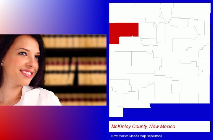 a young, female attorney in a law library; McKinley County, New Mexico highlighted in red on a map