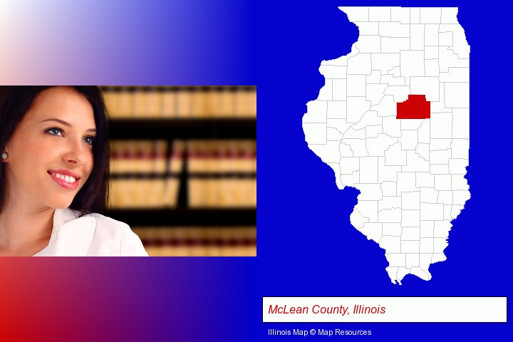 a young, female attorney in a law library; McLean County, Illinois highlighted in red on a map