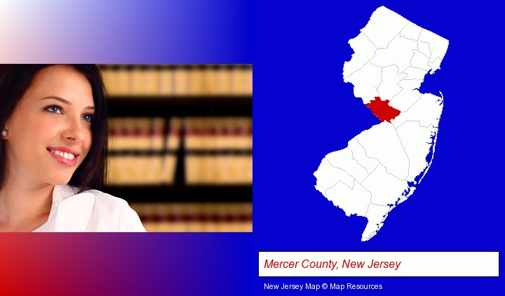 a young, female attorney in a law library; Mercer County, New Jersey highlighted in red on a map