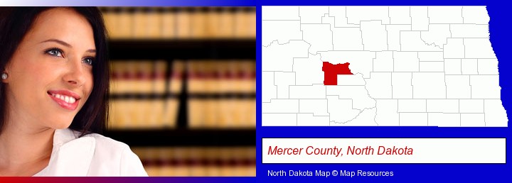 a young, female attorney in a law library; Mercer County, North Dakota highlighted in red on a map