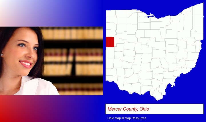 a young, female attorney in a law library; Mercer County, Ohio highlighted in red on a map