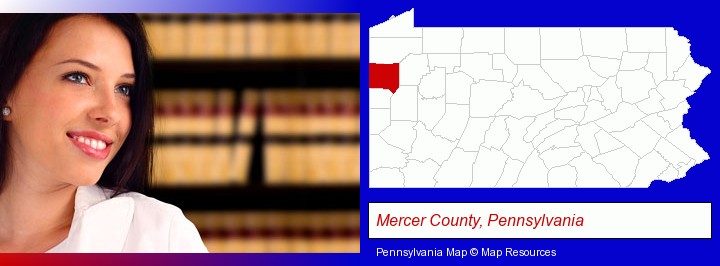 a young, female attorney in a law library; Mercer County, Pennsylvania highlighted in red on a map