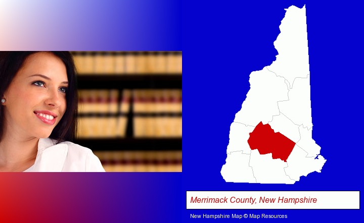 a young, female attorney in a law library; Merrimack County, New Hampshire highlighted in red on a map