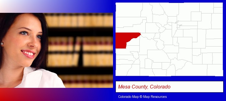 a young, female attorney in a law library; Mesa County, Colorado highlighted in red on a map