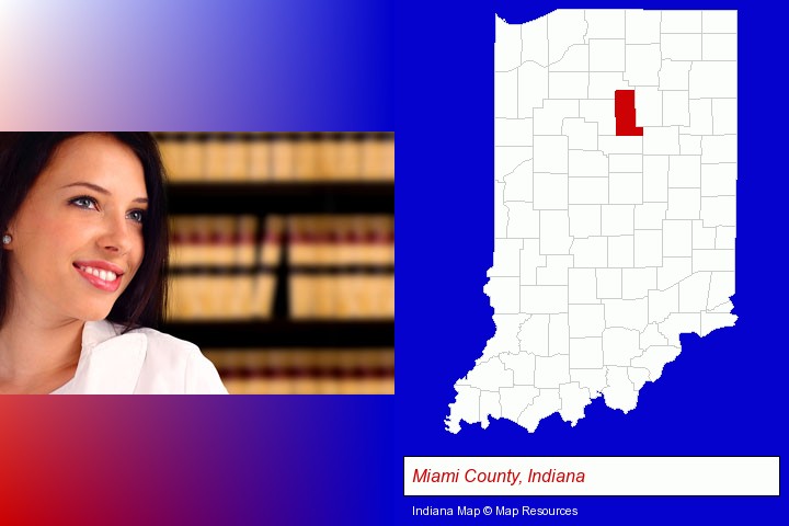 a young, female attorney in a law library; Miami County, Indiana highlighted in red on a map