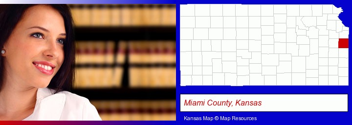 a young, female attorney in a law library; Miami County, Kansas highlighted in red on a map