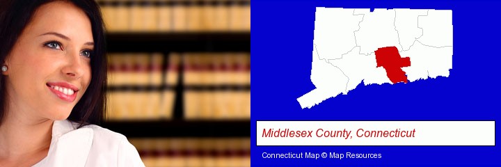 a young, female attorney in a law library; Middlesex County, Connecticut highlighted in red on a map