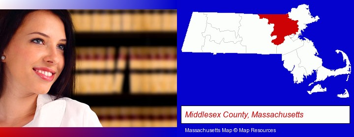a young, female attorney in a law library; Middlesex County, Massachusetts highlighted in red on a map