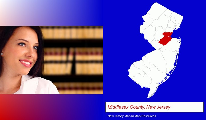 a young, female attorney in a law library; Middlesex County, New Jersey highlighted in red on a map