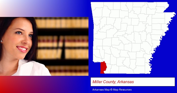 a young, female attorney in a law library; Miller County, Arkansas highlighted in red on a map
