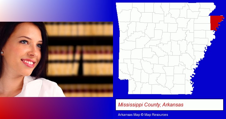 a young, female attorney in a law library; Mississippi County, Arkansas highlighted in red on a map