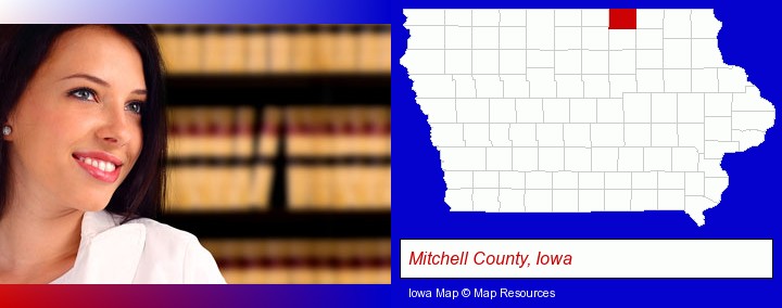 a young, female attorney in a law library; Mitchell County, Iowa highlighted in red on a map