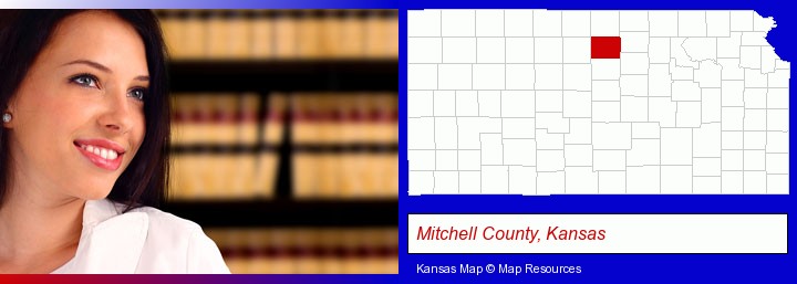 a young, female attorney in a law library; Mitchell County, Kansas highlighted in red on a map