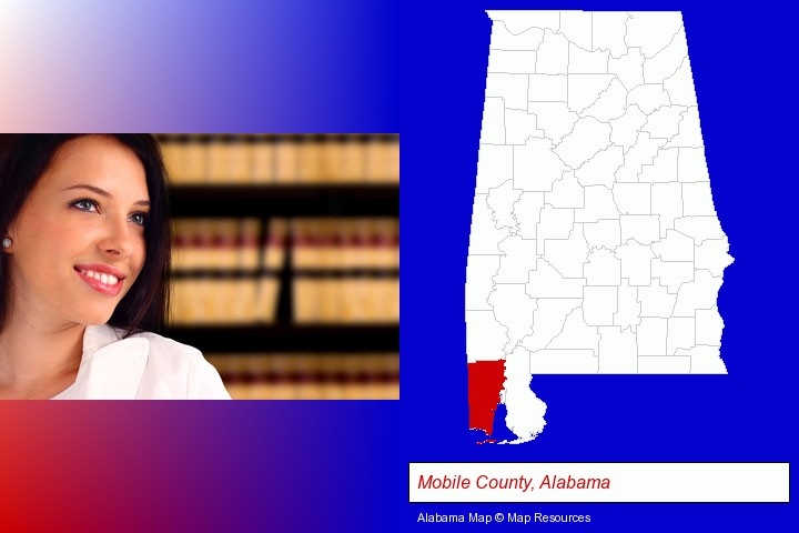 a young, female attorney in a law library; Mobile County, Alabama highlighted in red on a map