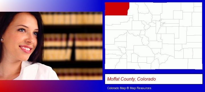 a young, female attorney in a law library; Moffat County, Colorado highlighted in red on a map