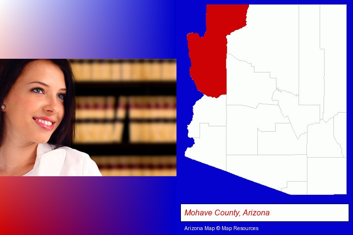 a young, female attorney in a law library; Mohave County, Arizona highlighted in red on a map