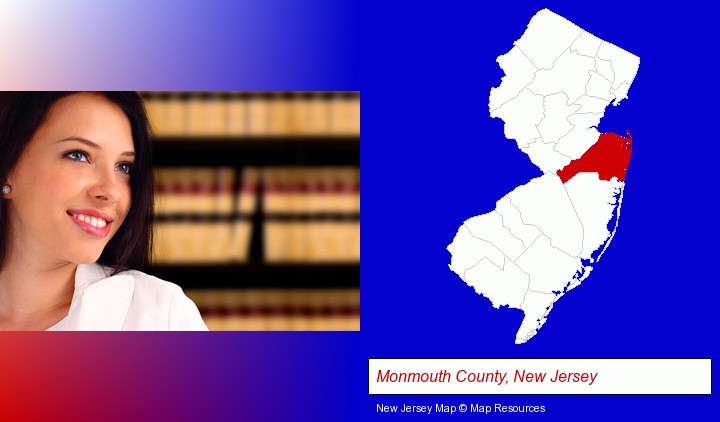 a young, female attorney in a law library; Monmouth County, New Jersey highlighted in red on a map