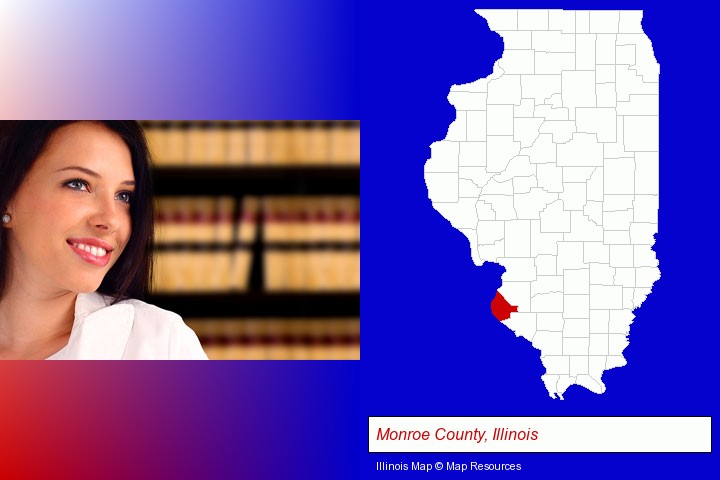 a young, female attorney in a law library; Monroe County, Illinois highlighted in red on a map