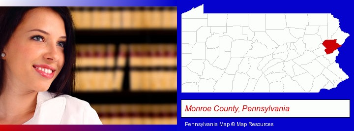 a young, female attorney in a law library; Monroe County, Pennsylvania highlighted in red on a map