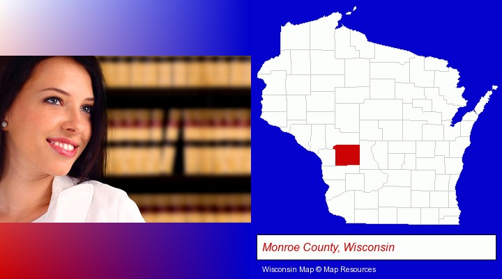 a young, female attorney in a law library; Monroe County, Wisconsin highlighted in red on a map