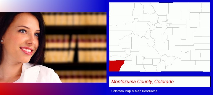 a young, female attorney in a law library; Montezuma County, Colorado highlighted in red on a map