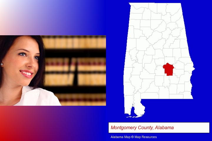 a young, female attorney in a law library; Montgomery County, Alabama highlighted in red on a map