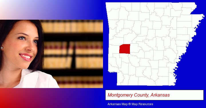a young, female attorney in a law library; Montgomery County, Arkansas highlighted in red on a map