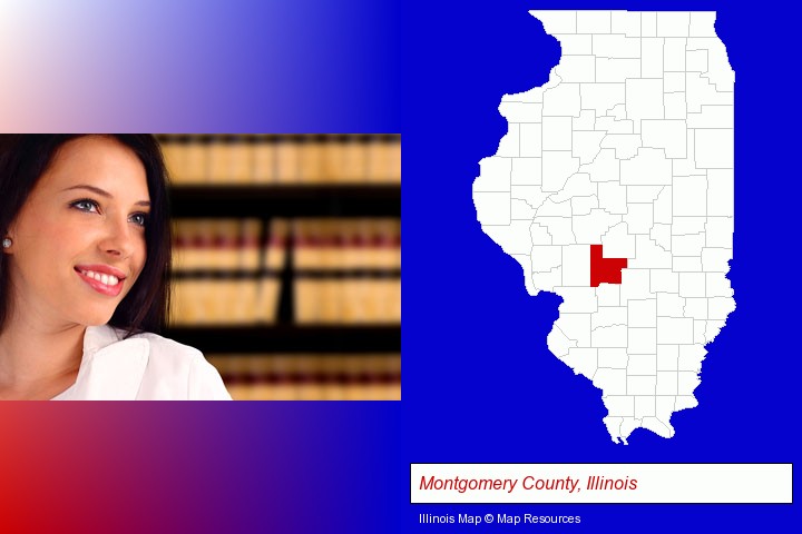 a young, female attorney in a law library; Montgomery County, Illinois highlighted in red on a map