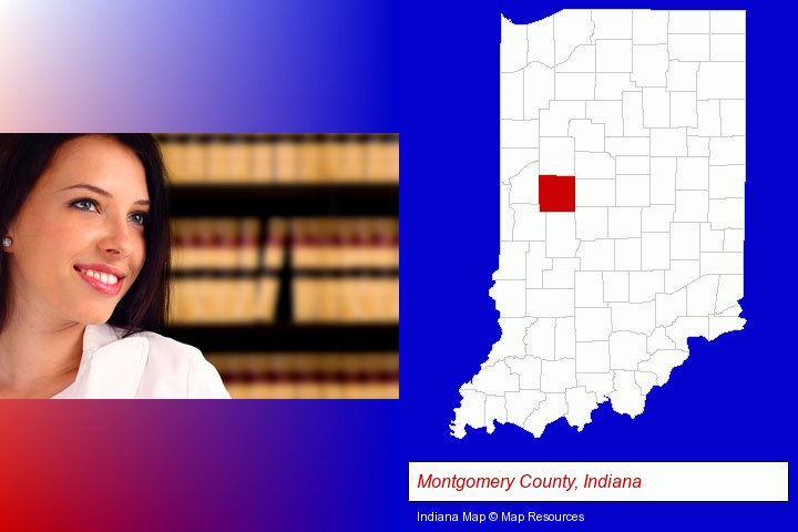 a young, female attorney in a law library; Montgomery County, Indiana highlighted in red on a map