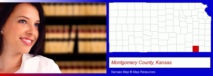 a young, female attorney in a law library; Montgomery County, Kansas highlighted in red on a map
