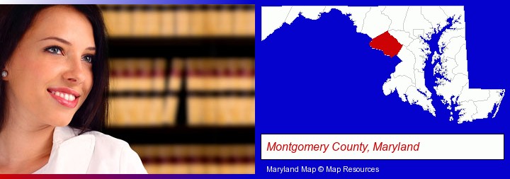 a young, female attorney in a law library; Montgomery County, Maryland highlighted in red on a map