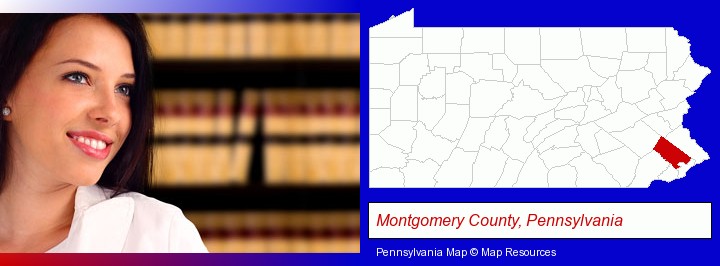 a young, female attorney in a law library; Montgomery County, Pennsylvania highlighted in red on a map